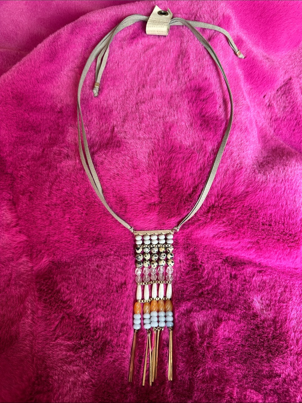 Anthropologie White, Gold & Tan Beaded Fringe Necklace